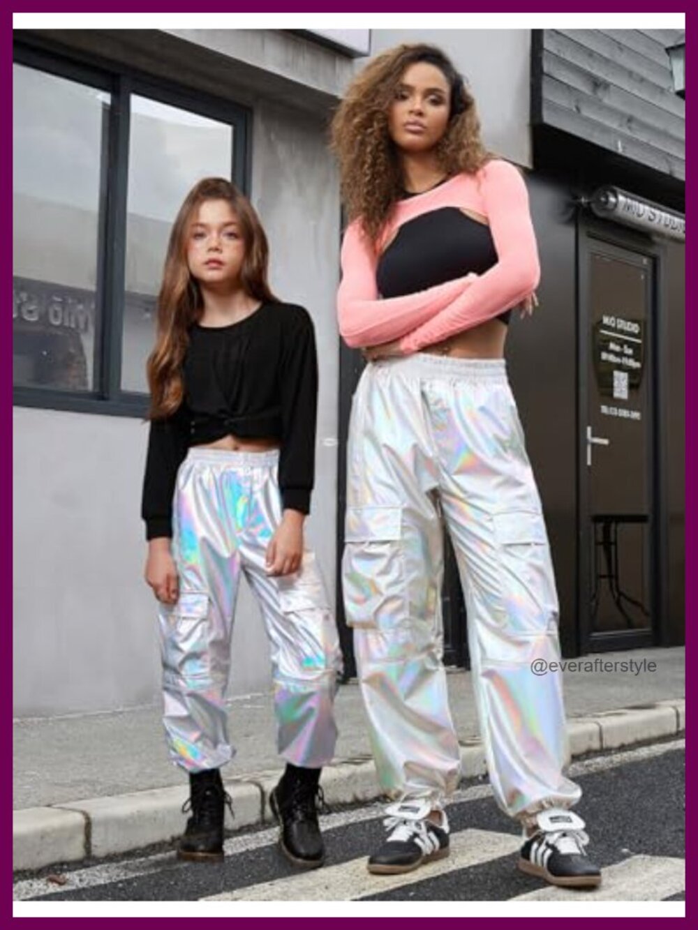 Metallic Cargo Pants for Girls High Waist Joggers Dance Multi-Pocket Elastic - Picture 3 of 6